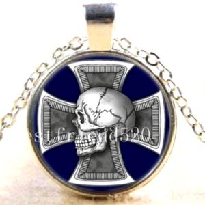New Iron Cross Skull Silver Glass Cab Necklace.